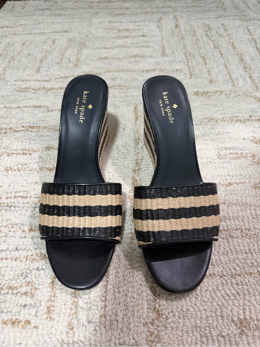 kate spade Black & Natural Striped Woven Slide Mules